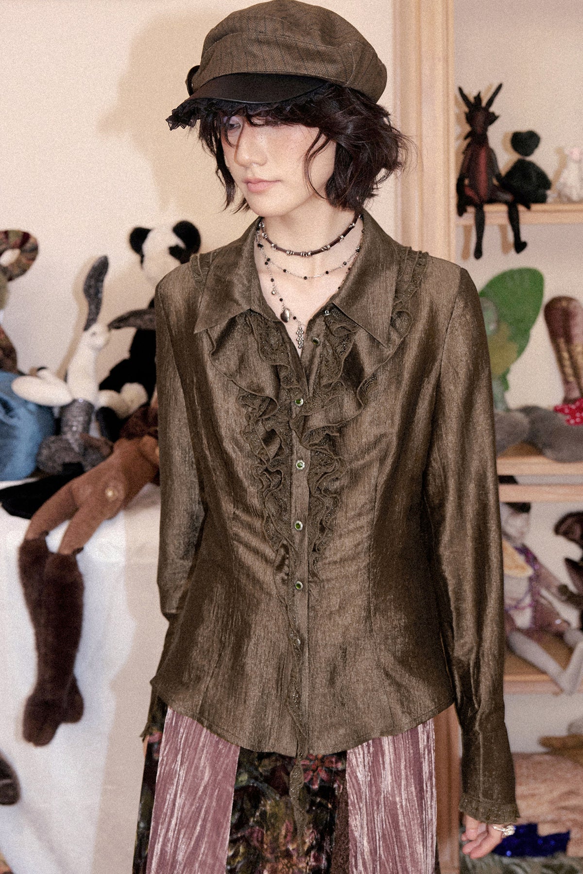 Ruffled Acetate Chiffon Shirt and Skirt Set-Up