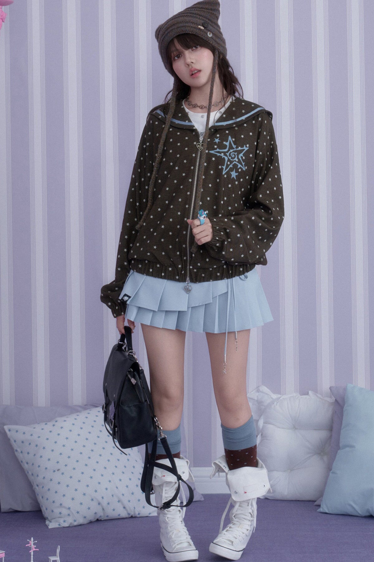 Brown Blue Swirl Star Navy Collar Jacket Set-Up
