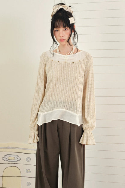 Textured Tencel Linen Lace Stitching Blouse