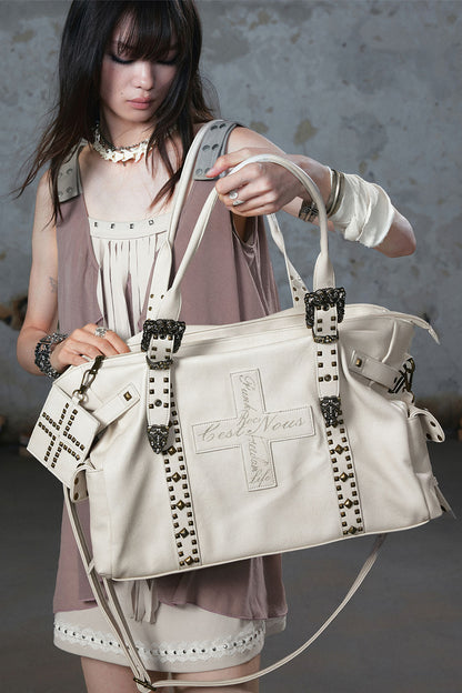 Cross Rivet Leather Shoulder Bag
