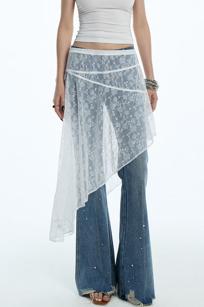 Frayed Hem Washed Blue Rhinestone Micro-Flared Jeans
