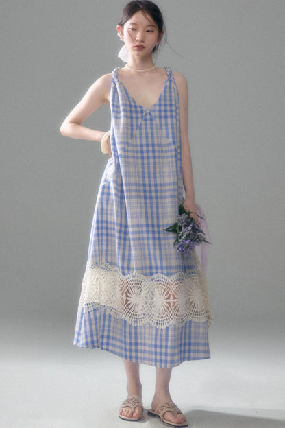 Blue White Plaid Lace Slip Dress