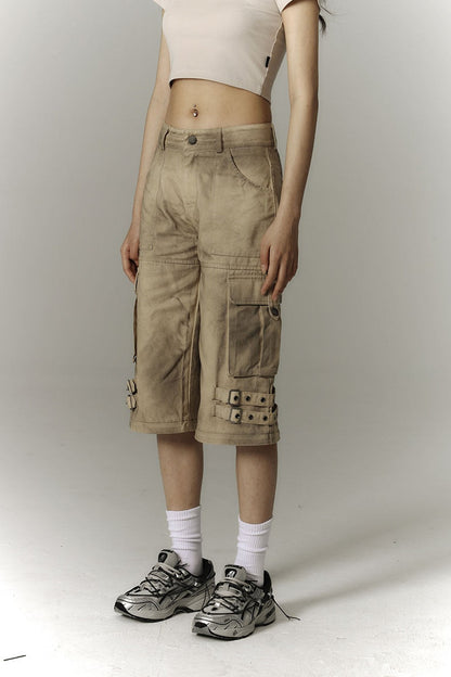 Detachable Washed Workwear Wide-Leg Pants