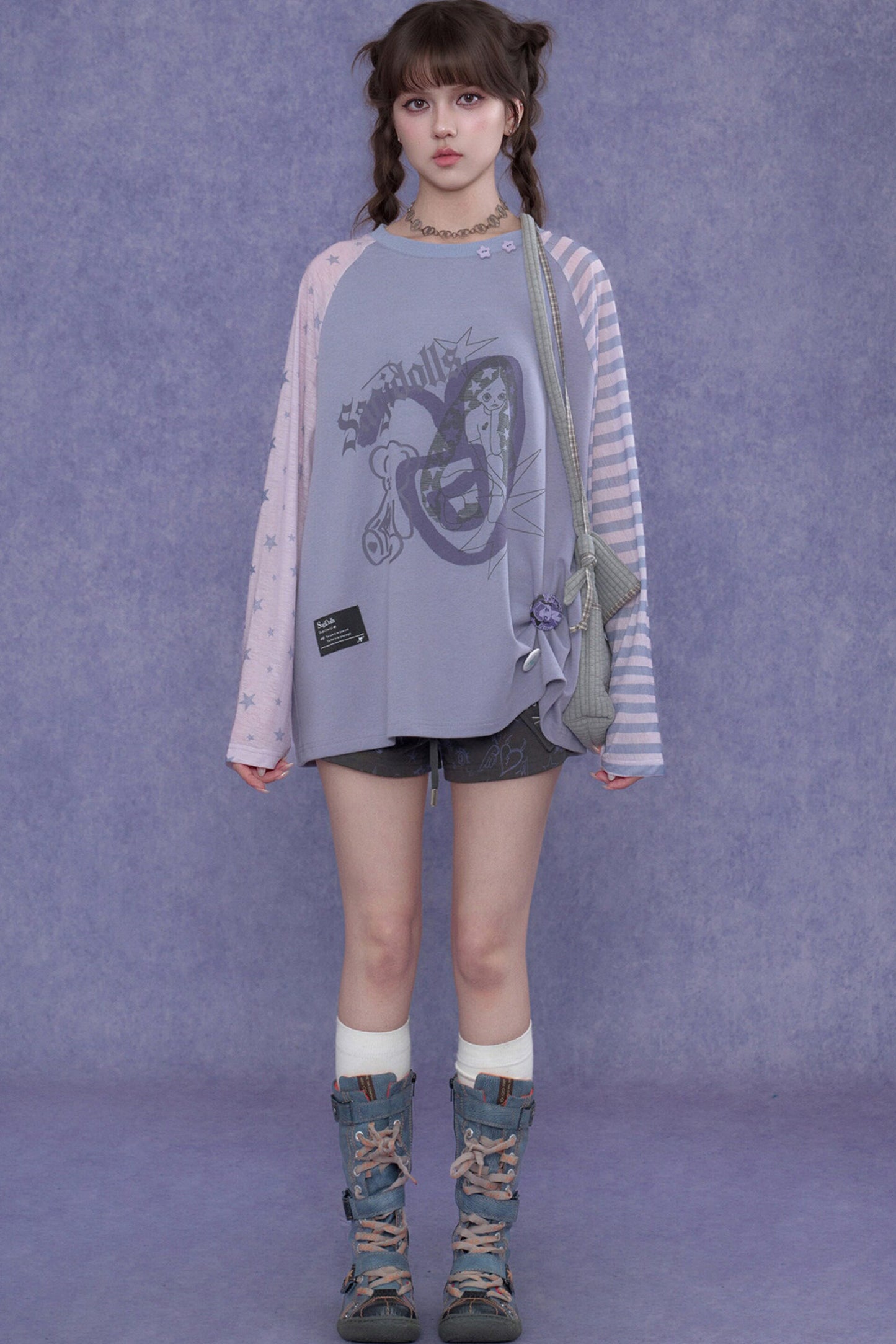 Purple Graffiti Print Raglan Blouse