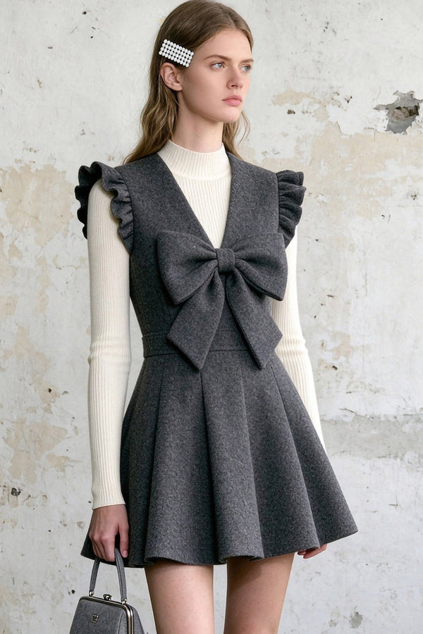 Cloud Whisper V-Neck Ruffle Bow Skirt Set
