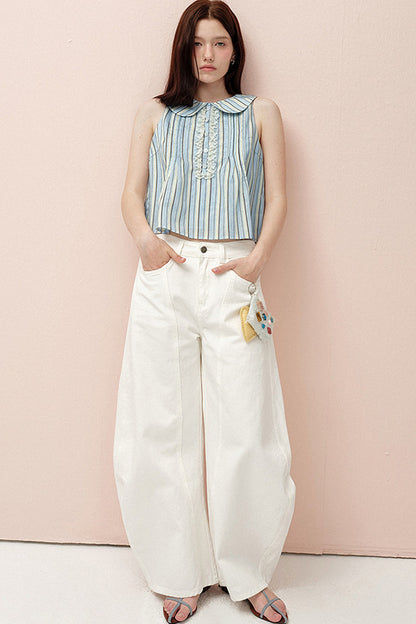 Blue Striped Doll Collar Lace Trim Tank Top