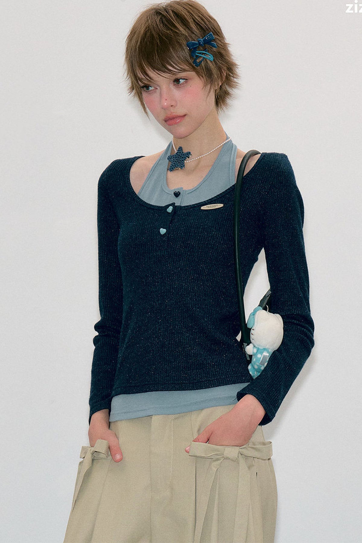 Layered-Look Long Sleeve Knit Top
