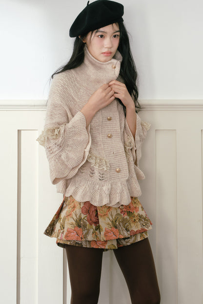 Oatmeal Ruffled Knit Cape Sweater