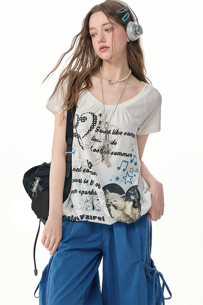 Marineblaues Kurzarmshirt mit Katzenmotiv