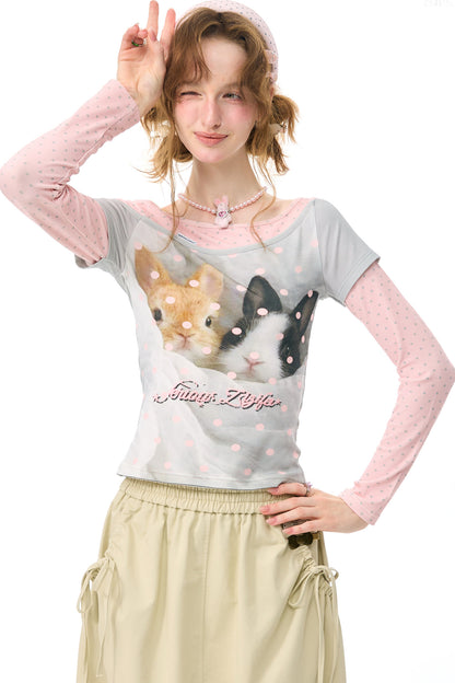 Haut color-block en patchwork avec imprimé lapin