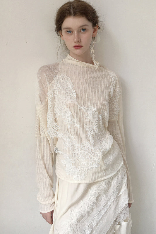 Stand Collar Lace Patchwork Knit Top