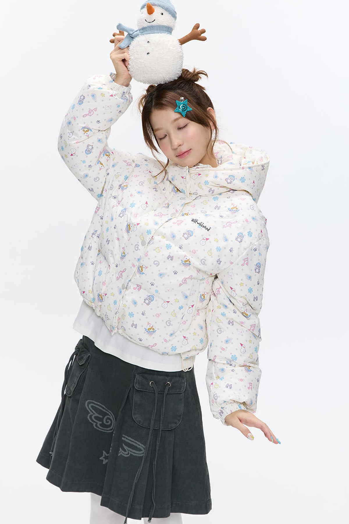 Beige Full Print Hooded Down Jacket