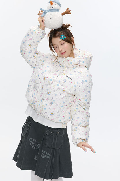 Beige Full Print Hooded Down Jacket