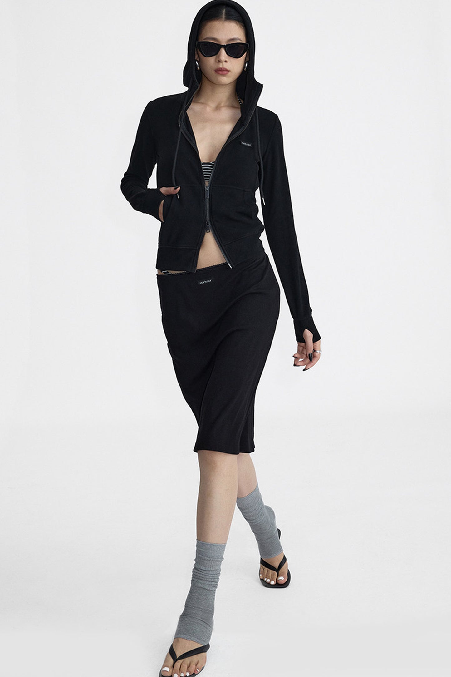 Hooded Zip Sweatshirt And Skirt Set-Up