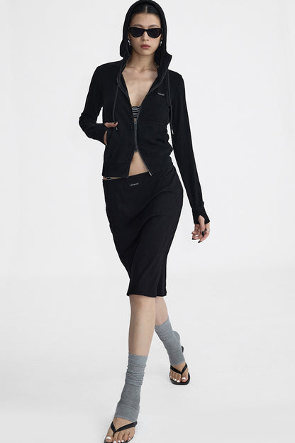 Hooded Zip Sweatshirt And Skirt Set-Up
