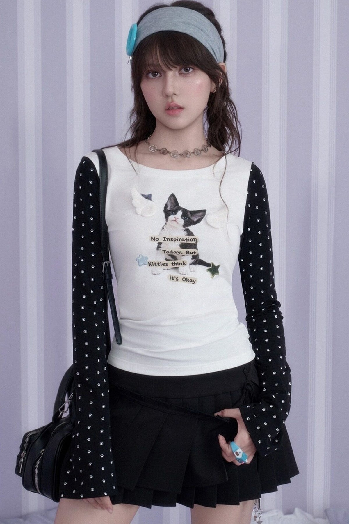 고양이 프린트 허리 조임 티셔츠