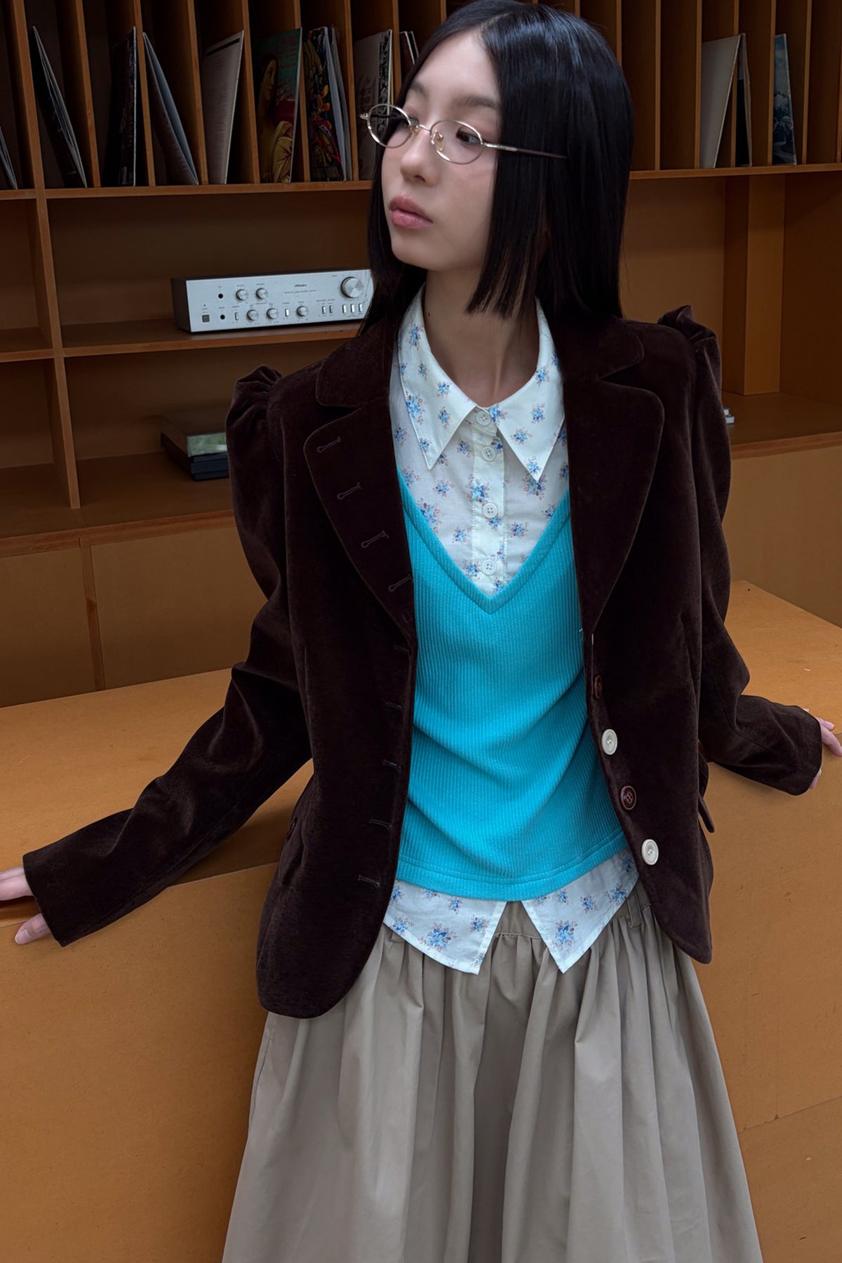 Brown Notch Lapel Puff Sleeve Blazer
