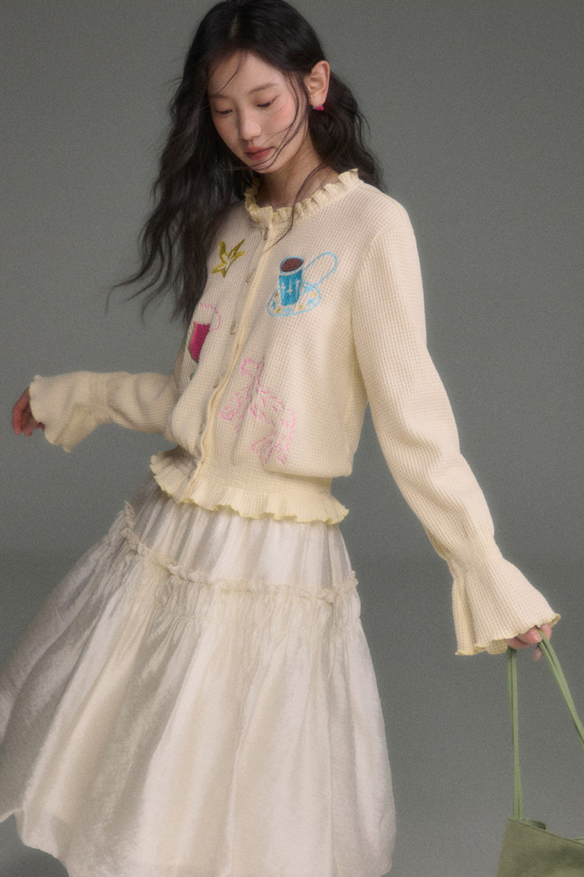 Hand-Painted Embroidered Bell-Sleeve Knit Cardigan