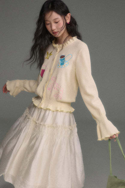 Hand-Painted Embroidered Bell-Sleeve Knit Cardigan