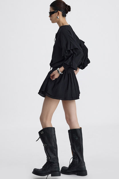 Black V-Neck Ruffle Lantern Sleeve Dress
