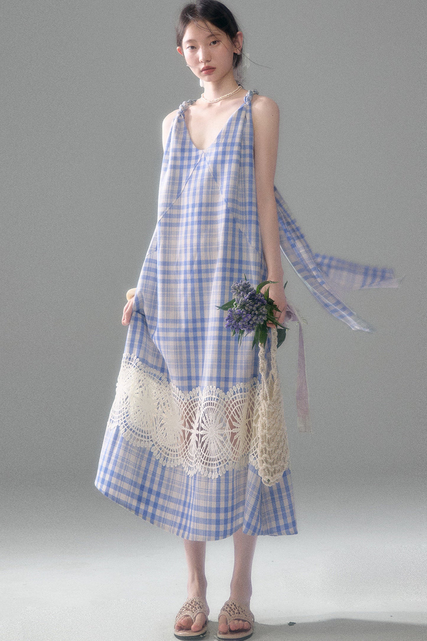 Blue White Plaid Lace Slip Dress