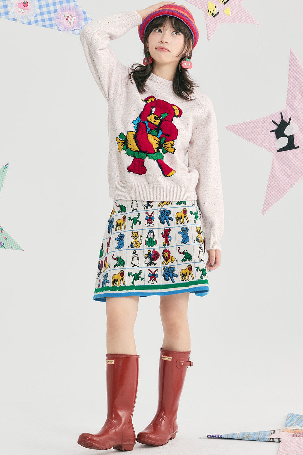 Colorful Animal Heart Knit A-Line Skirt