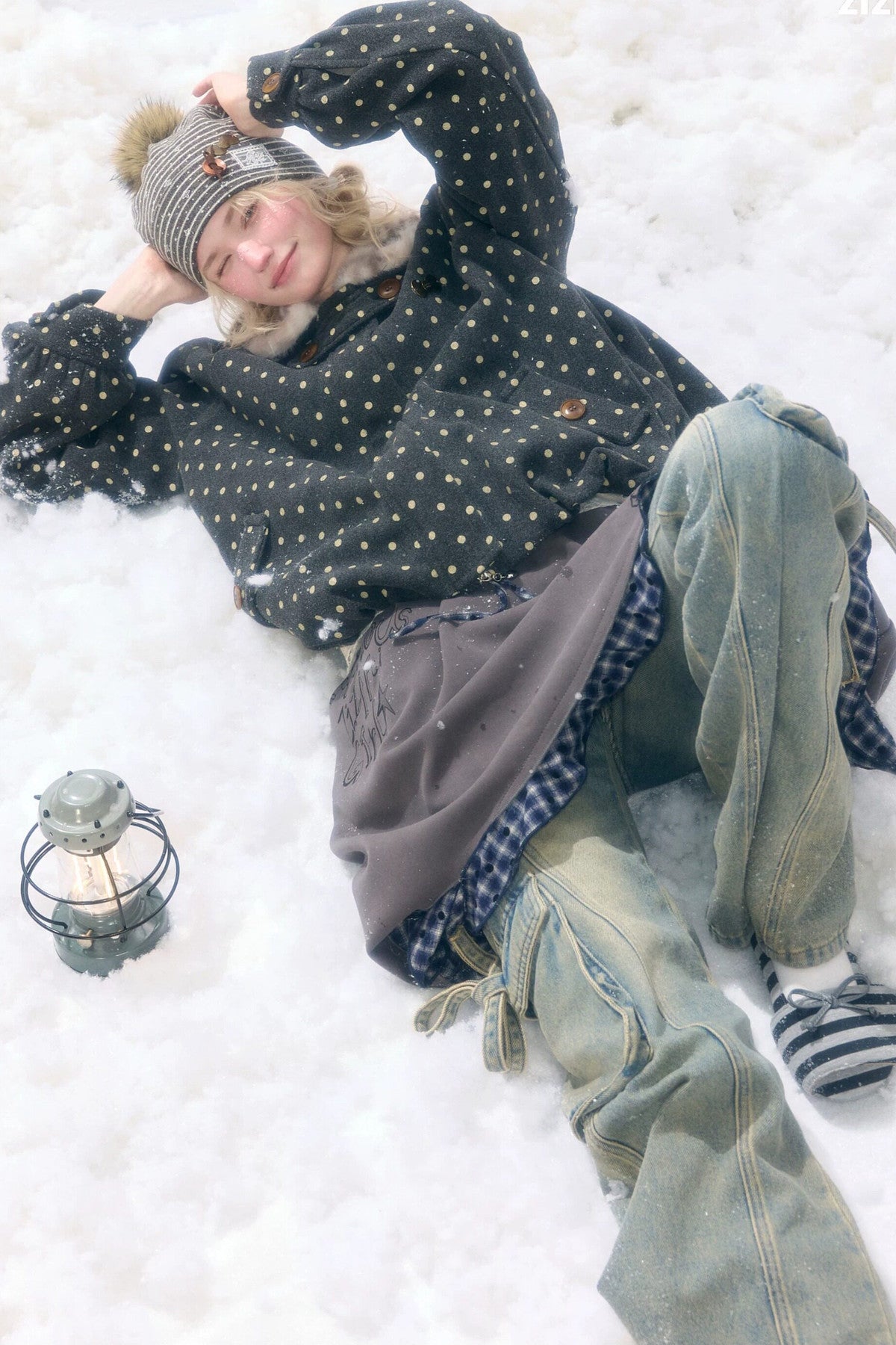 Short Polka Dot Plush Collar Cotton Jacket
