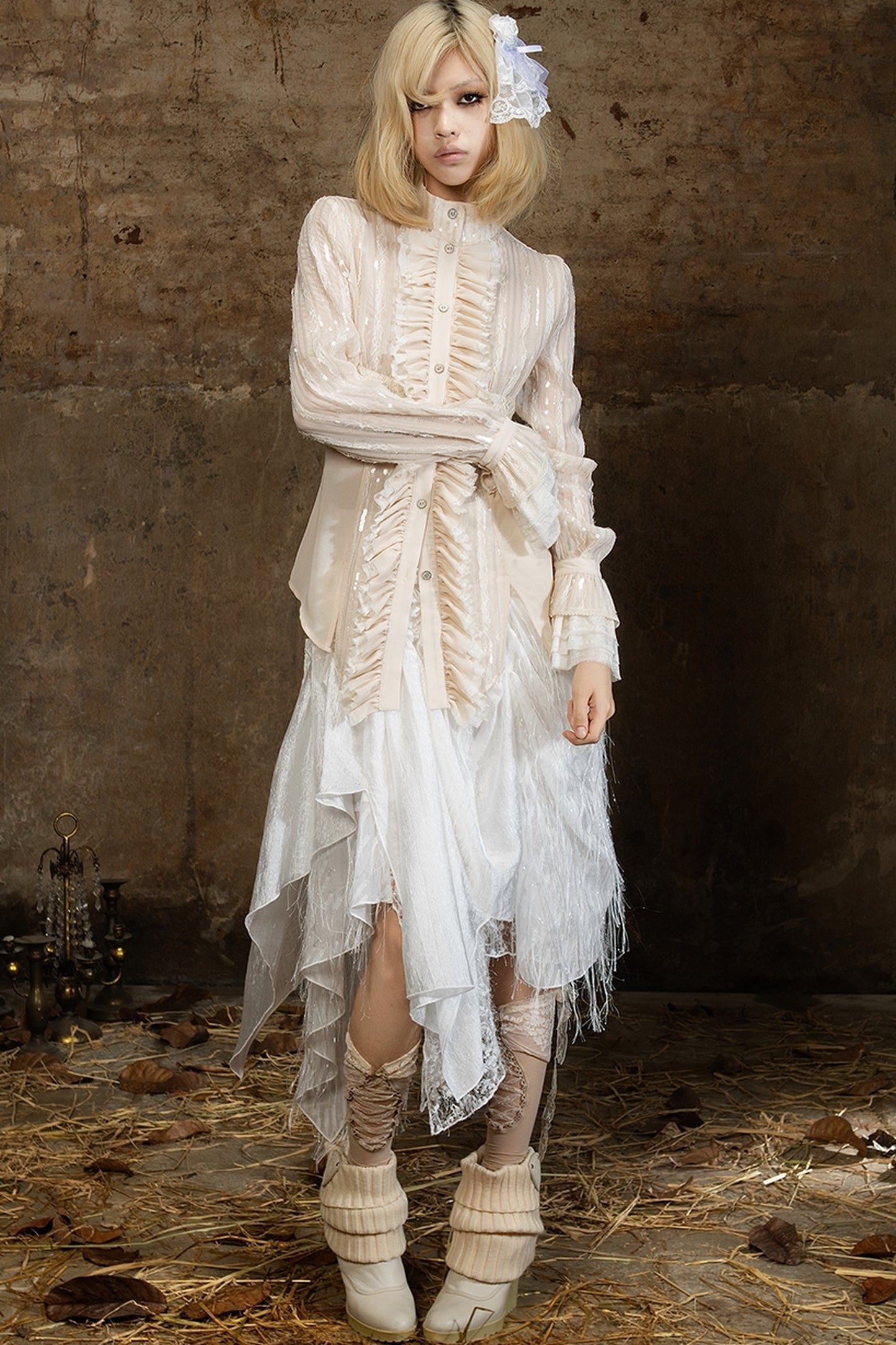 Lace Sequin Ruffle Gothic Shirt
