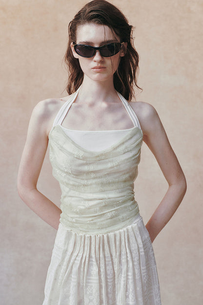 Doppellagiges trägerloses Drapé-Top mit Neckholder und Spitzen-Jacquard