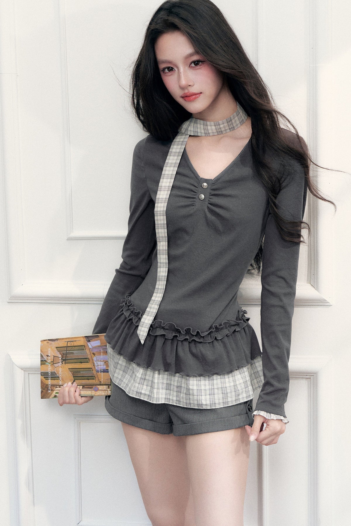 Plaid V-Neck Top and Shorts Set-Up
