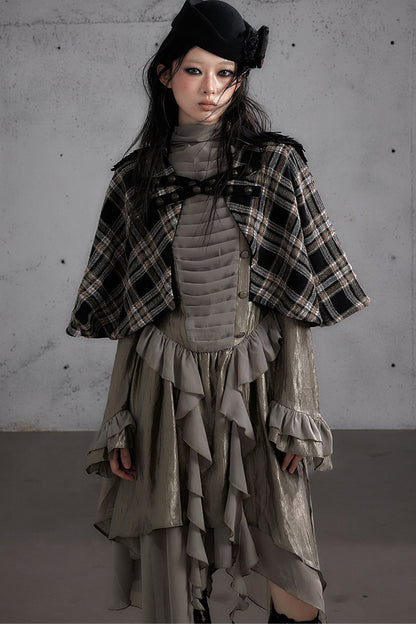 Reversible Wool Blend Plaid Cape