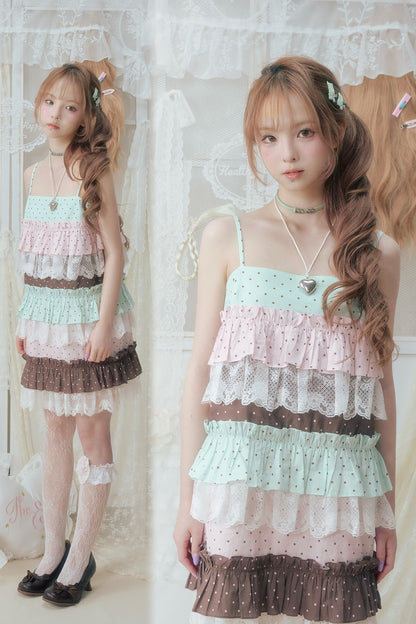 Pink Green Polka Dot Lace Ruffle Dress