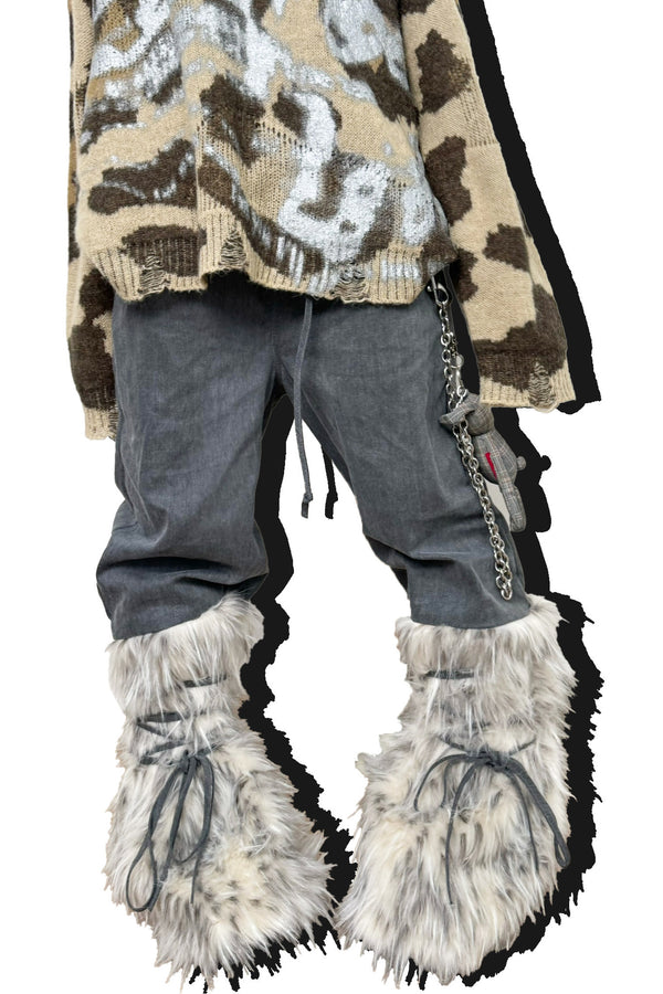 Loose Faux Fur Patchwork Drawstring Jeans