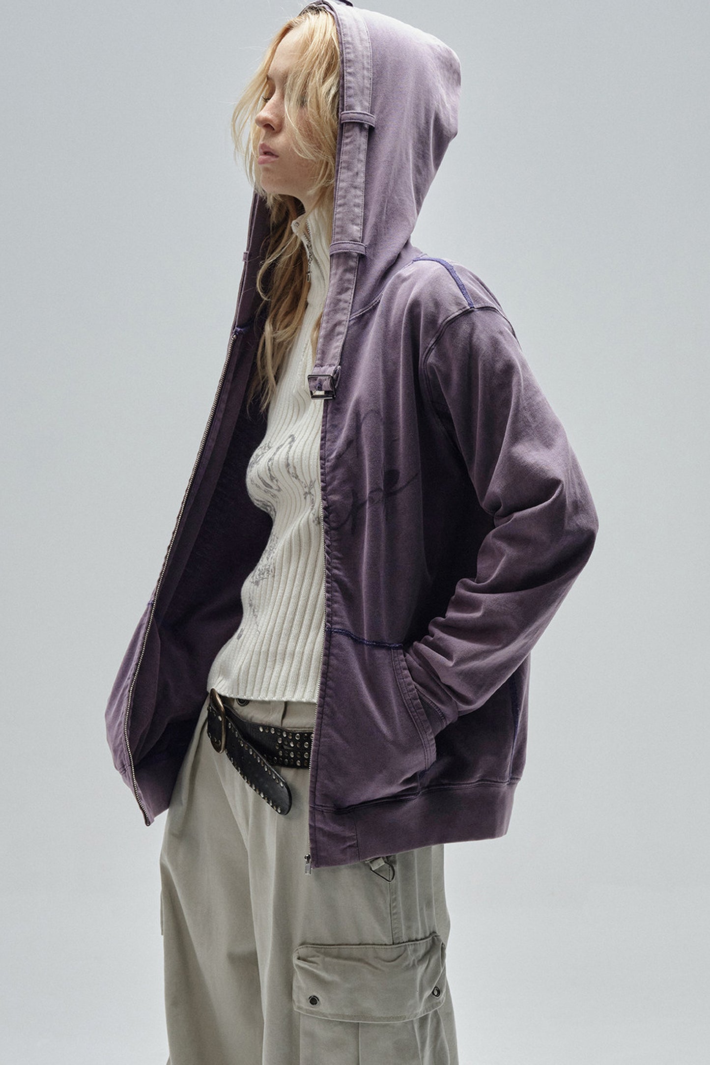 Sand-Washed Topstitched Ruched Hooded Strap Cardigan
