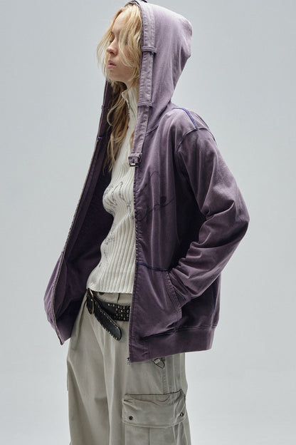 Sand-Washed Topstitched Ruched Hooded Strap Cardigan