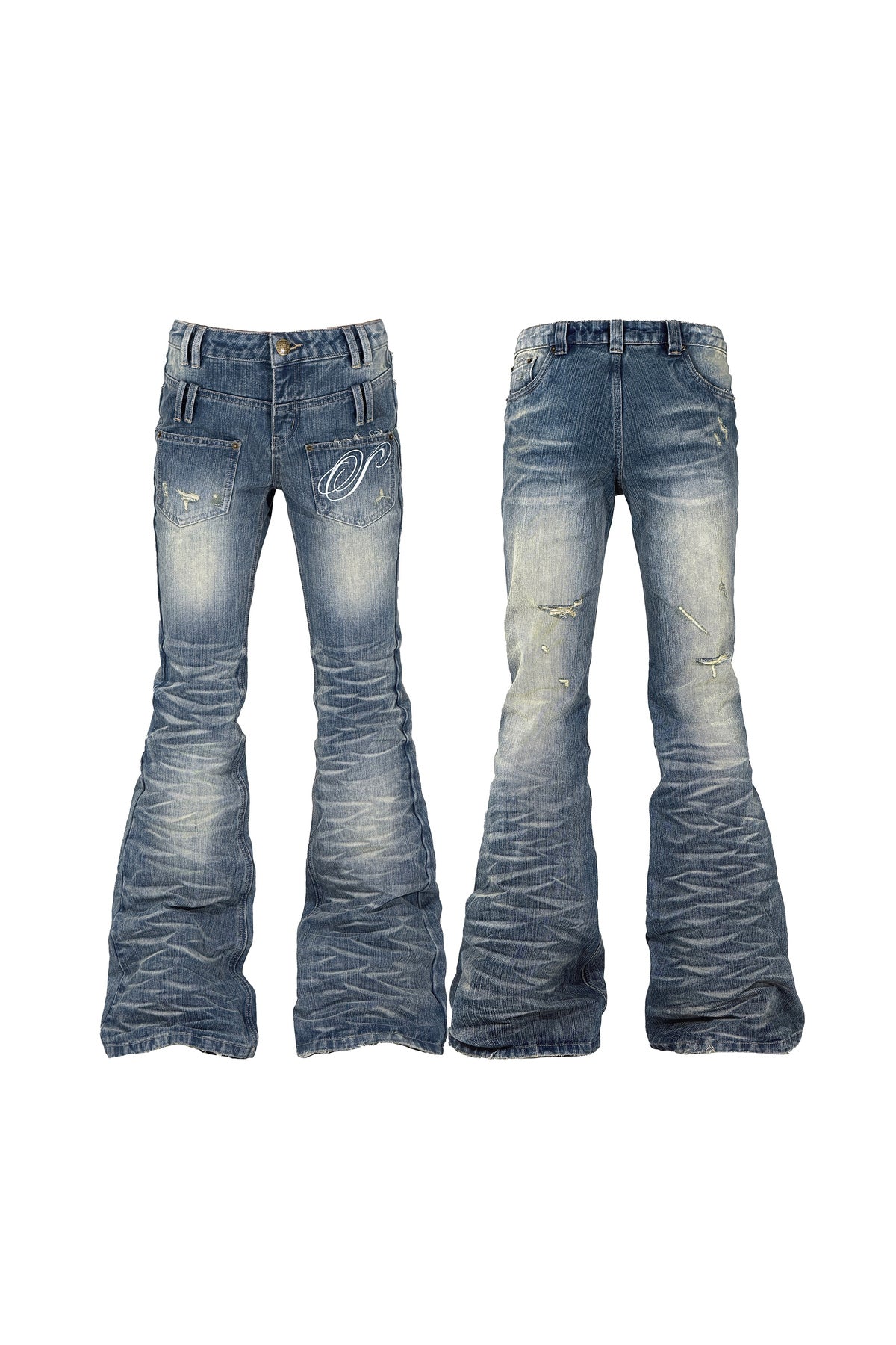 Wendbare Schlagjeans mit Taschen, Patchwork und Stickerei