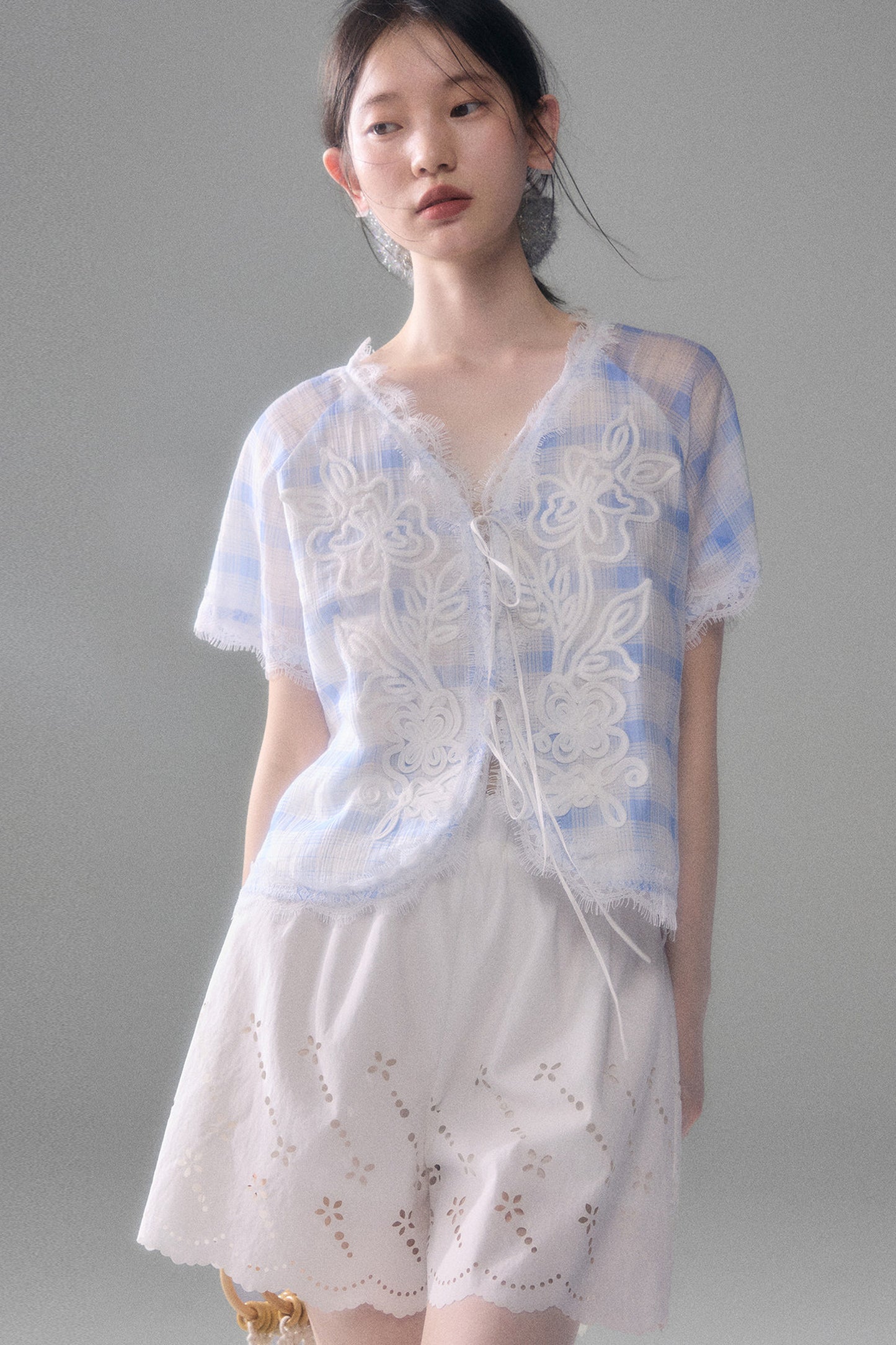 Blue White Checkered Lace Tencel Top Skirt Set-Up