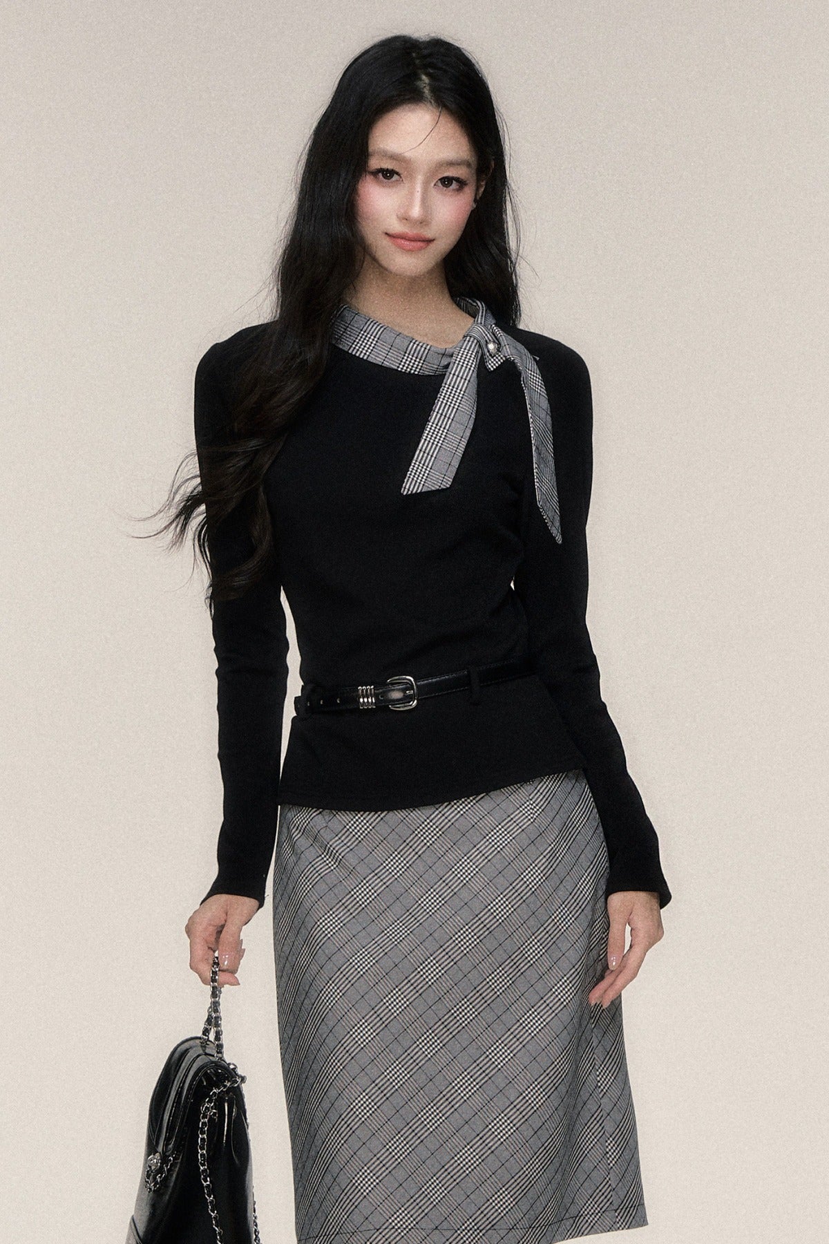 Plaid Ribbon Long Sleeve Top and Skirt Set-Up