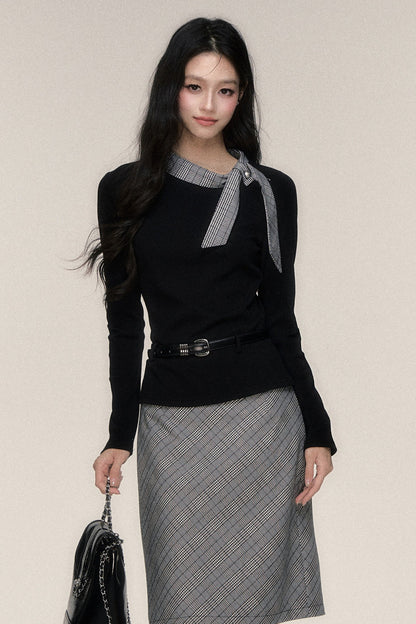 Plaid Ribbon Long Sleeve Top and Skirt Set-Up