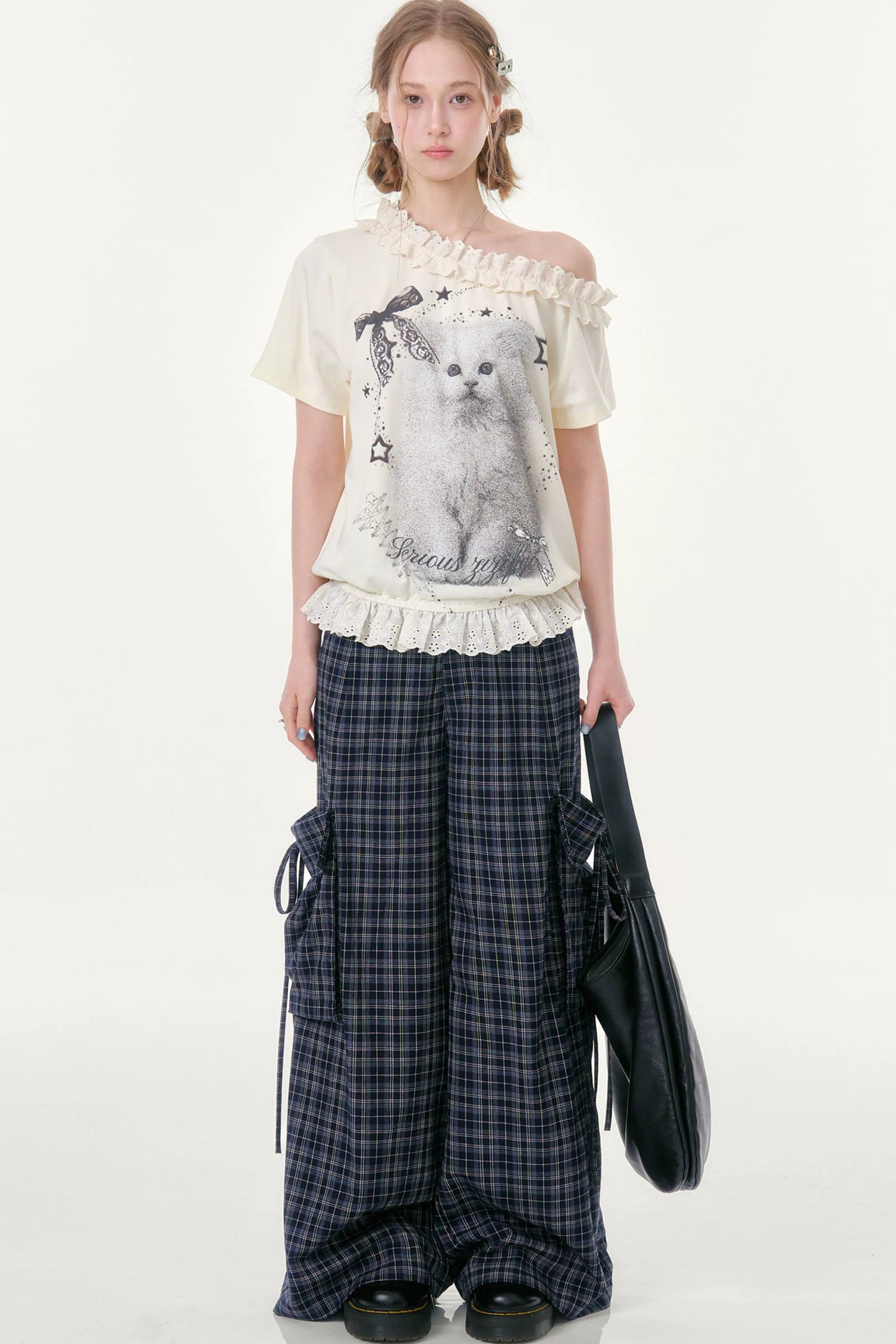 Dark Blue Plaid Wide-Leg Pants