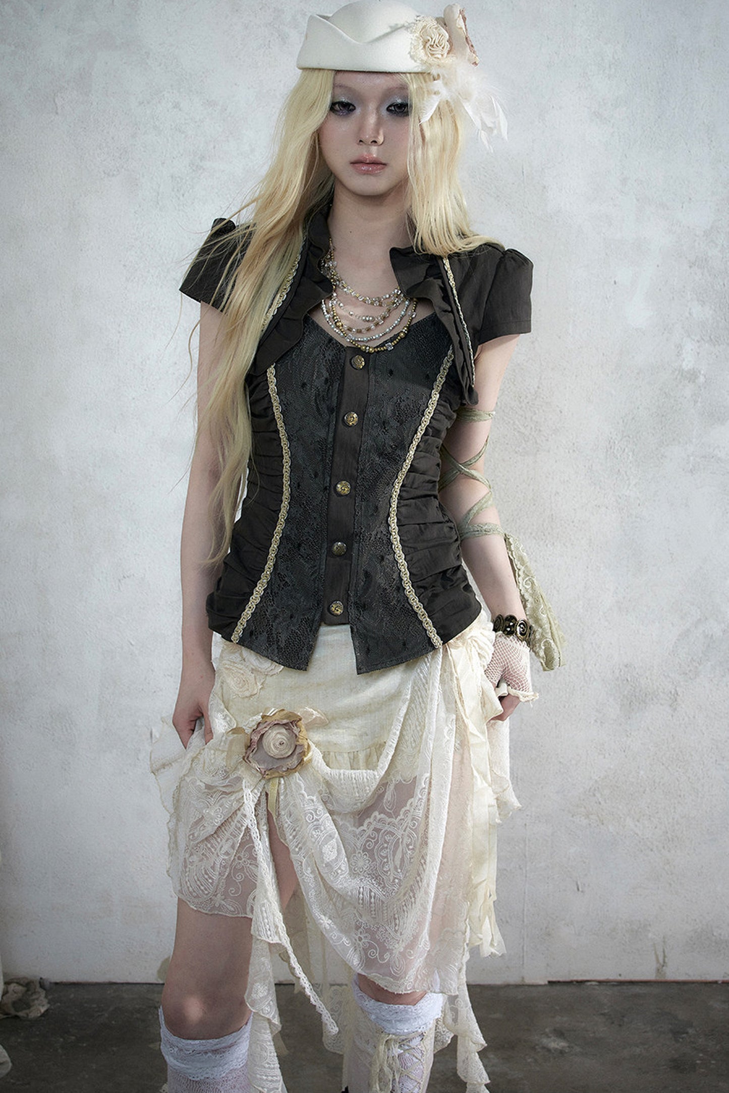 Lace Patchwork Ruched Layered-Look Shirt