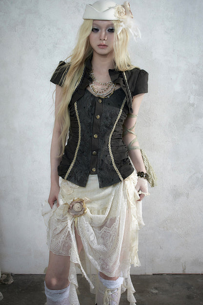 Lace Patchwork Ruched Layered-Look Shirt
