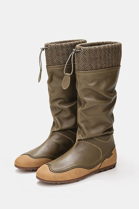 Drawstring Color-Block Knight Stacked Boots