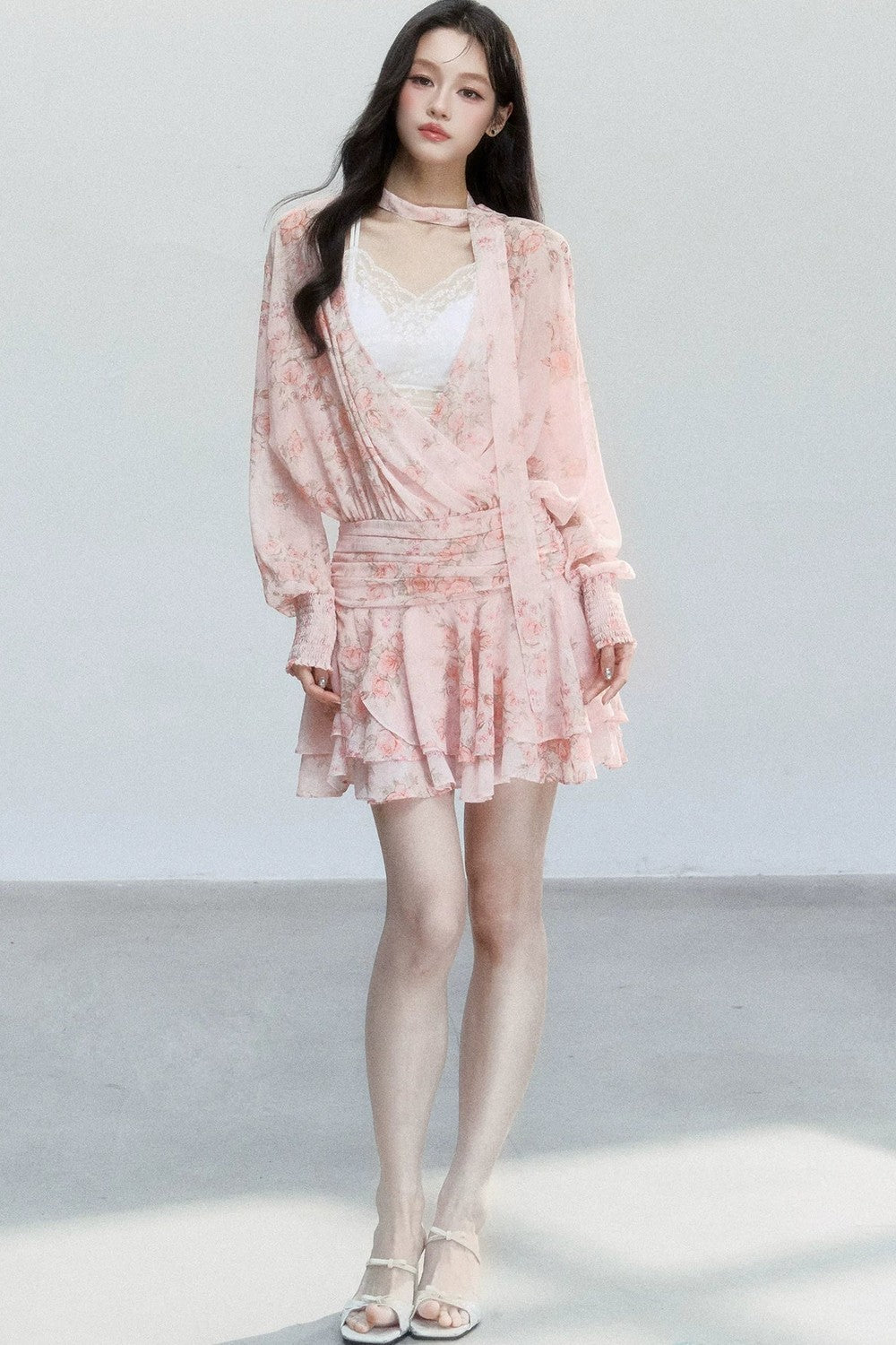 Completo Abito Floreale in Chiffon Rosa