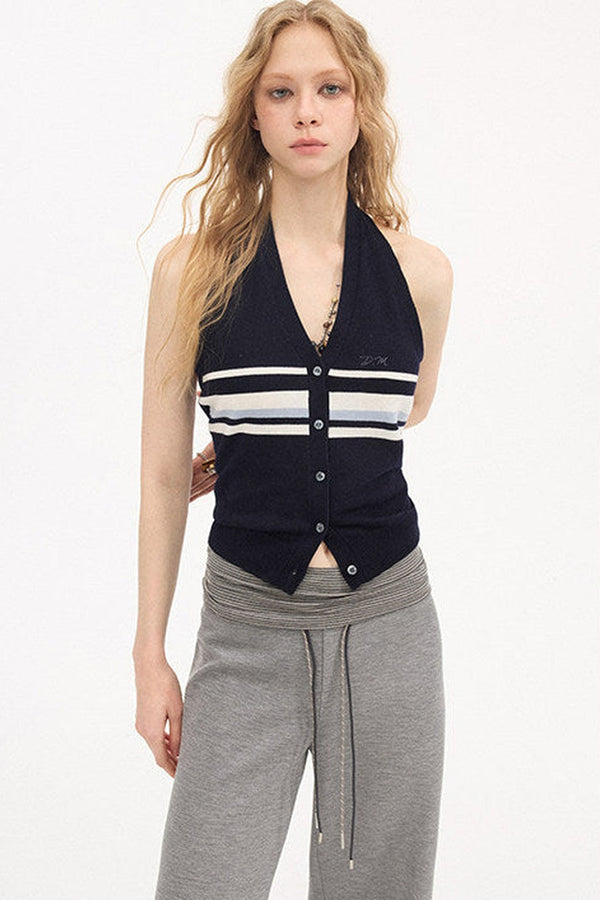 V-Neck Button Halter Vest