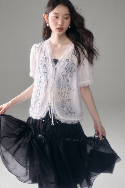 Mermaid Print Tencel Linen Short-Sleeve Shirt