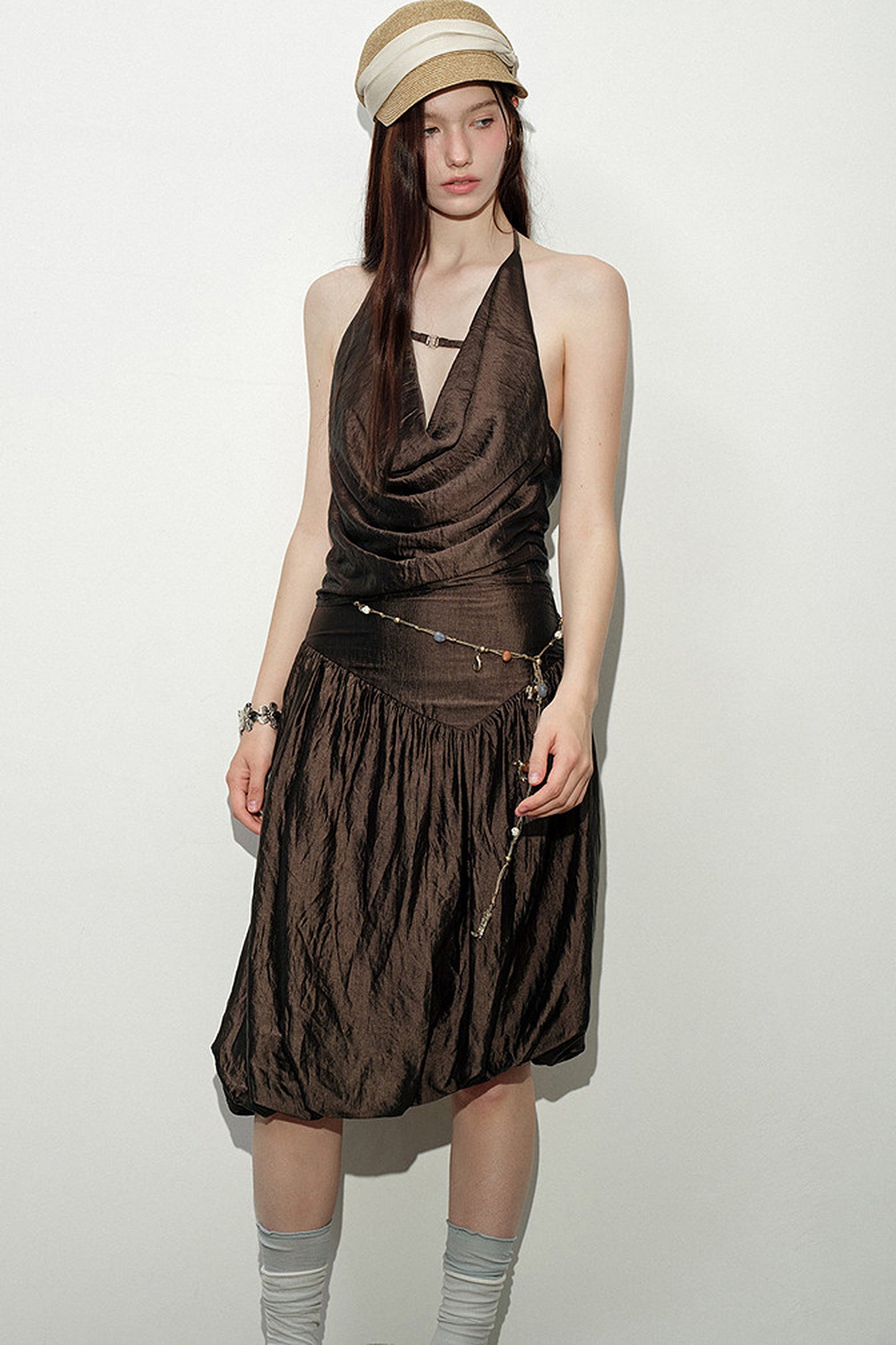 Brown Cowl Neck Camisole and Irregular Skirt Set