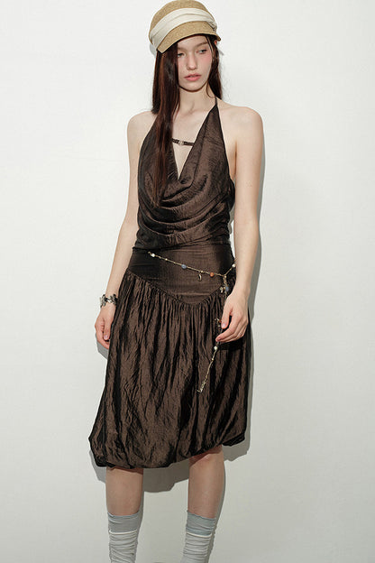 Brown Cowl Neck Camisole and Irregular Skirt Set