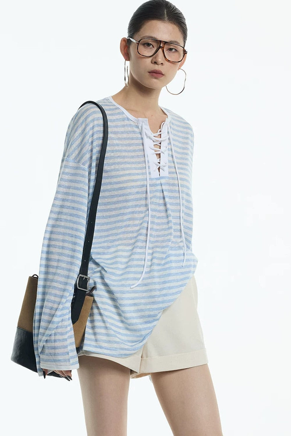Navy Blue Tie-Neck Lyocell Top