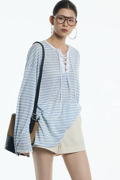 Navy Blue Tie-Neck Lyocell Top